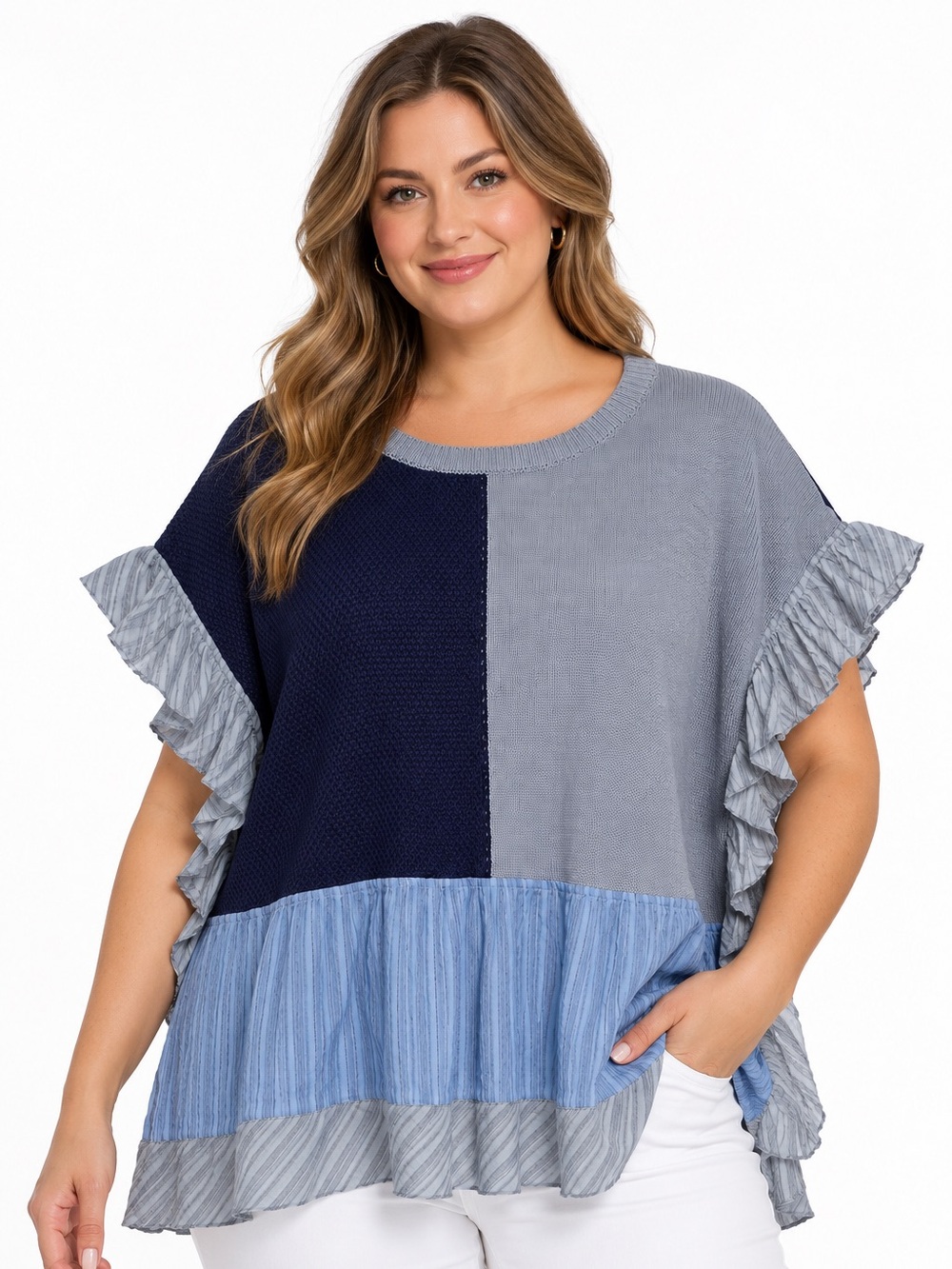 Davi & Dani Colorblock Top - Ruffle Mixed Media Knit Top